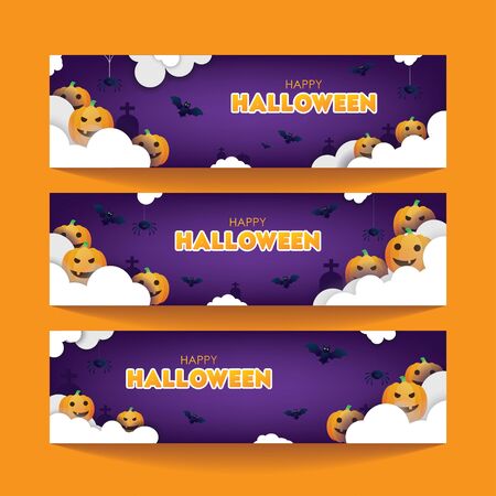 Colorful Happy Halloween Banner Set. Clouds and Pumpkins Illustrations. Papercut Style Vector.のイラスト素材
