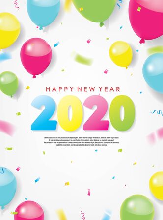 Colorful 2020 Happy New Year Greeting with Balloons and Scattered Conffetis. Vector Illustration. Design element for flyers, leaflets, postcards and posters.のイラスト素材