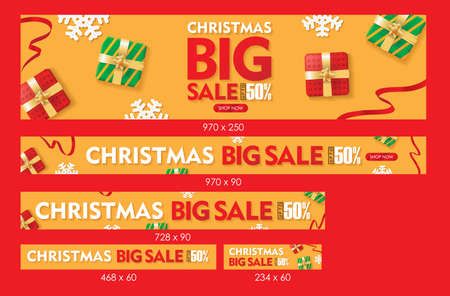 Christmas Big Sale Web Banners Orange Background with Gift box, Snowflakes, and Ribbons Setのイラスト素材