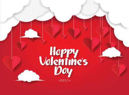Happy Valentine's Day 2021 Card Illustration Vector Design. 3D papercut Clouds and Heartsのイラスト素材