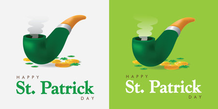 Saint Patrick's Day greeting card with Pipe, gold coin and clover. Irish holiday Vector illustrationのイラスト素材