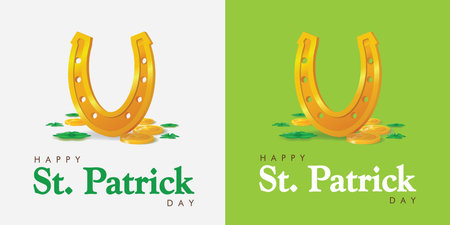 Saint Patrick's Day greeting card with Horsesoe, gold coin and clover. Irish holiday Vector illustrationのイラスト素材