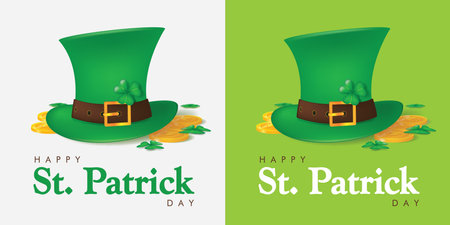 Saint Patrick's Day greeting card with Hat, gold coin and clover. Irish holiday Vector illustrationのイラスト素材