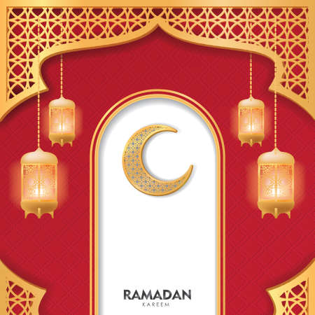 Ramadan Kareem Greeting Card. Golden Moon and Lamp on Red Background Vector Illustration for greeting card, poster and voucher.のイラスト素材