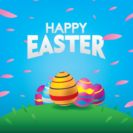 Blue Happy Easter Card with Colorful Eggs. Easter Day Celebration Vector illustration.のイラスト素材