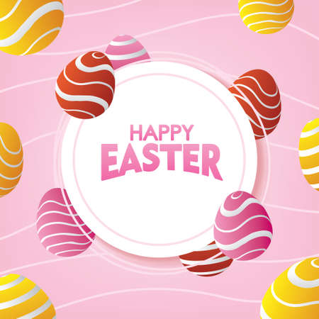 Pink Happy Easter Card with Colorful Eggs. Easter Day background Vector illustration.のイラスト素材