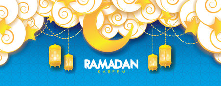 Ramadan Kareem Banner. Golden Star, Moon, and Lamp on Blue Background Vector Illustration for greeting card, poster and voucher.のイラスト素材