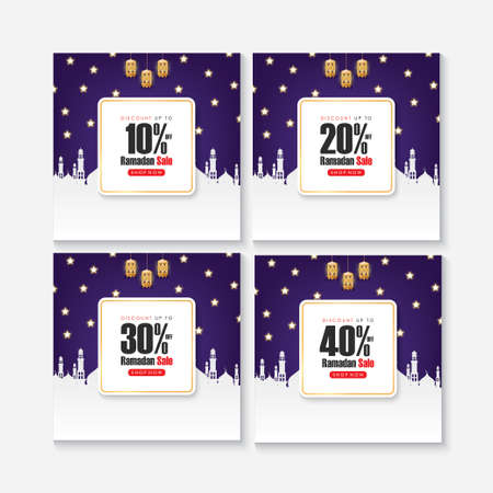 Ramadan Sale Set on Blue and White Background with Gold texture, Stars, and Lamps. Discount Vector Design for Poster, Banner, Voucher and Cardのイラスト素材