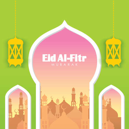 Eid Al-Fitr Greeting Card. Mosques and Dawn sky on Green Background Vector Illustration for greeting card, poster and voucher.のイラスト素材