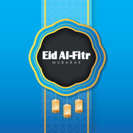 Eid Al-Fitr Banner. Lamp on Abstract Blue Background Vector Illustration for greeting card, poster and voucher.のイラスト素材