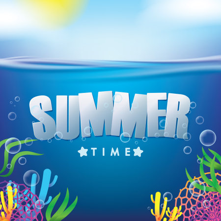 Summer Time Holiday Illustration with Typography Letter on Blue Ocean and Sky Background. Summer Vector Design for Banner, Flyer, Invitation, Brochureのイラスト素材