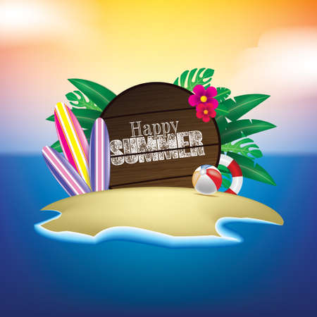 Enjoy Summer Holiday Illustration with Typography Letter on Blue Ocean and Sky Background. Summer Vector Design for Banner, Flyer, Invitation, Brochureのイラスト素材