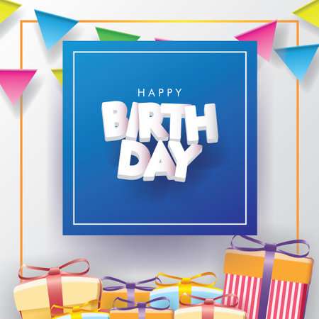 Happy Birthday with Flags and Gift boxes on White background. 3D sign, greeting, congratulations designのイラスト素材