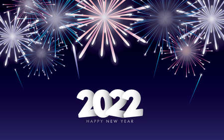 2022 Happy New Year Greeting with Fireworks on Night Sky Background. Vector Illustration. Design...