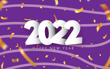 2022 Happy New Year Greeting with Scattered Gold Confetti on Purple Background. Vector Illustration....