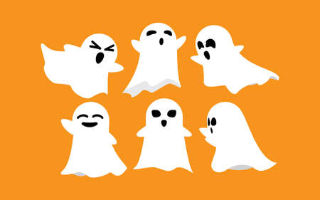 Halloween ghosts Set. Spooky White Ghost Fly cute evil horror silhouette for scary October holiday...