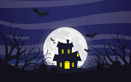 Scary and Eerie Night on Bright Full Moon background, Halloween Night Vector illustration.のイラスト素材