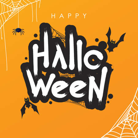 Happy Halloween Greeting Card with Bats and Spider Webs on Orange Background Vector Design.のイラスト素材
