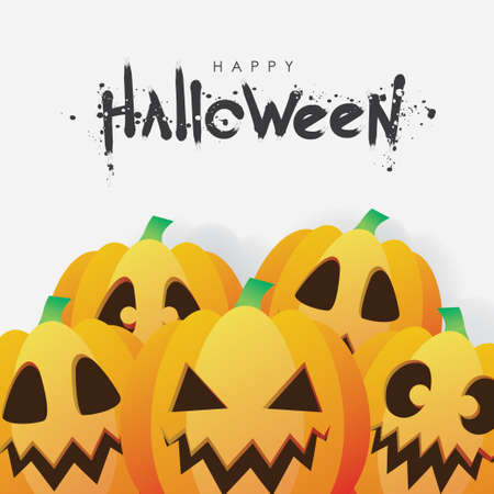 Happy Halloween Greeting Card with Stacked Pumpkin Faces on White Background Vector Designのイラスト素材