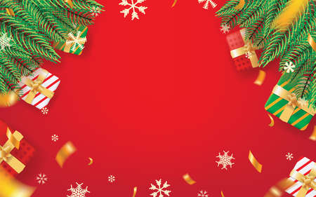 Red Christmas Theme Background for Sign, Message, Card, Event, and Celebration. Fir Leaves, Snow, Confetti, and Gift Boxes on Red Background Vectors Illustration Design Design.のイラスト素材