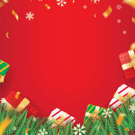 Red Christmas Theme Background with Fir Leaves, Snow, Confetti and Gift Boxes for Sign, Message, Card Vector Illustrationのイラスト素材