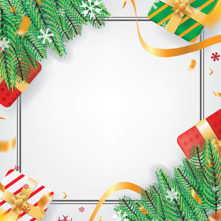 White Christmas Theme Background with Fir Leaves, Snow, Confetti, and Gift Boxes for Sign, Message, Card Vector Illustrationのイラスト素材