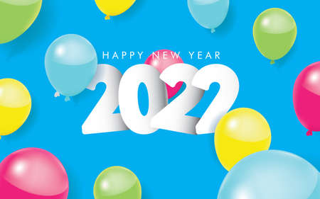 Happy New Year 2022 Greeting with Colorful Balloons on Blue Background. Vector Illustration.のイラスト素材