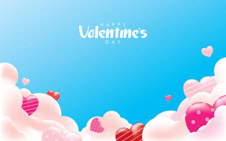 Happy Valentine`s Day Greeting Card with Cloud and Hearts on Blue Sky Background Illustration Vector Design.のイラスト素材
