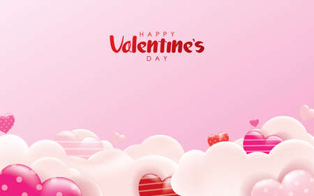 Happy Valentine`s Day Greeting Card with Cloud and Hearts on Pink Sky Background Illustration Vector Design.のイラスト素材