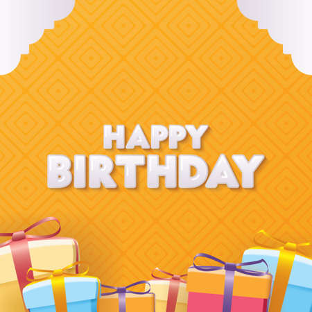 Happy Birthday Greeting with Giftboxes on Orange Background Vector Designのイラスト素材