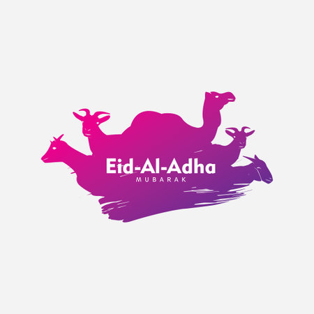 Eid Al Adha Greeting Card. Purple Camel and Goats Isolated on White Background. Vector Illustration for greeting card, poster and voucher.のイラスト素材