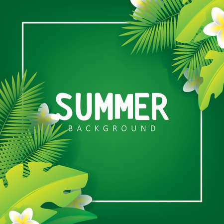 Summer Background Illustration with Tropical Plants and Green Background. Summer Vector Designのイラスト素材