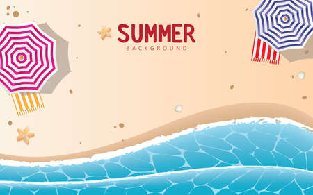 Summer Background Illustration Parasol, Beach and Blue Ocean waves. Summer Vector Designのイラスト素材