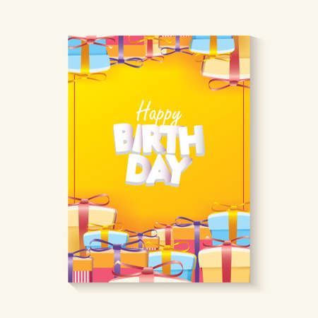 Yellow Happy Birthday with Colorful Gift boxes Vector Illustrationのイラスト素材