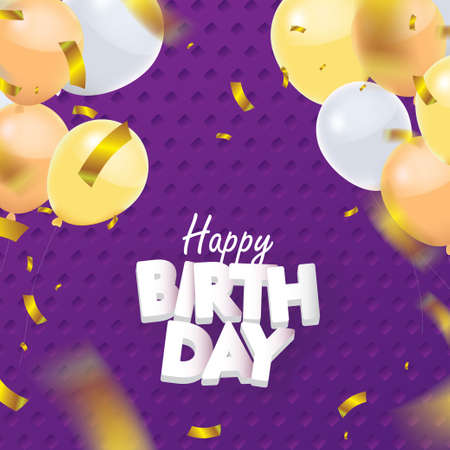 Purple Happy Birthday with Gold Confetti and Balloon Vector Illustrationのイラスト素材