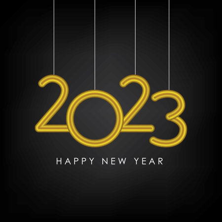 Golden 2023 Happy New Year Greeting on Black Background Vector Illustration.