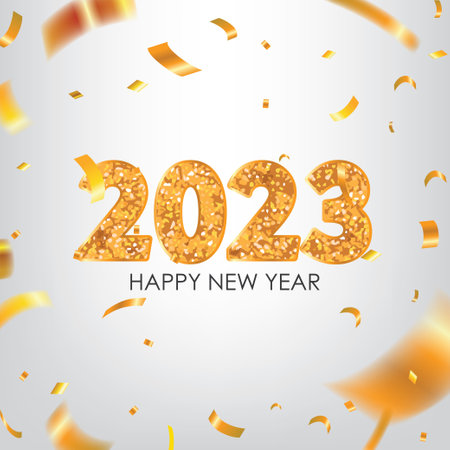 Golden 2023 Happy New Year Greeting with Gold Confetti on White Background Vector Illustration.