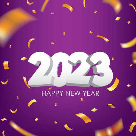 3D 2023 Happy New Year Greeting with Gold Confetti on Purple Background. New Year Vector...