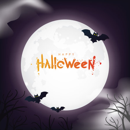 Scary and Eerie Night on Bright Full Moon background, Halloween Night Vector illustration.のイラスト素材