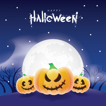 Scary and Eerie Night on Bright Full Moon background, Halloween Night Vector illustration.のイラスト素材