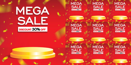 Red Mega Sale Sign Special Offer, Coupons, and Off Discount Set Vector Illustrationのイラスト素材