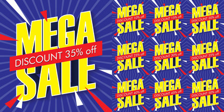 Blue Mega Sale Special Offer Sign, Coupons, and Off Discount Set Vector Illustrationのイラスト素材