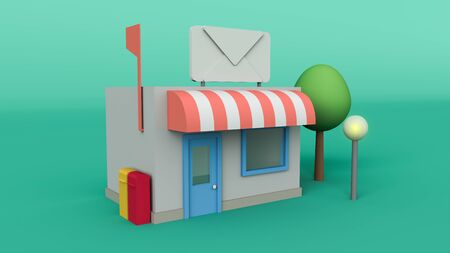 low poly Building of isolated post office around with tree and light and post box image in high quality.の写真素材