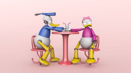 3d illustration Happy Robot couple in love at cafe drinking a milkshake from same glass. Young man Robot and woman Robot enjoying a chocolate shake on table.の写真素材