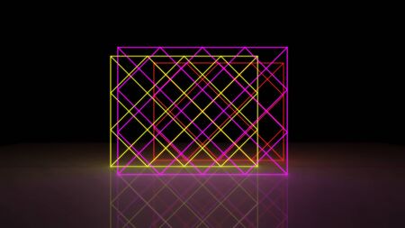 3d render, glowing lines, tunnel, neon lights, virtual reality, abstract background, square portal, arch, pink blue spectrum vibrant colors.の写真素材