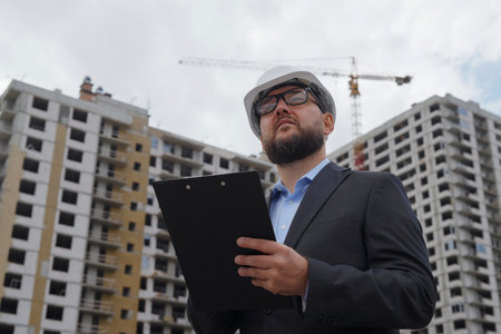 Bearded building inspector wearing hard hat and suit jacket making notes and talking to himself, multistory houses on background. Low angle man inspecting construction site. concept of controlの写真素材
