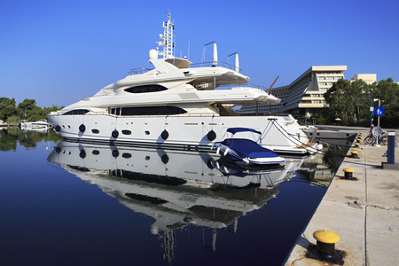 Beautiful huge yacht at the dock. Porto Carras Grand Resort.のeditorial素材