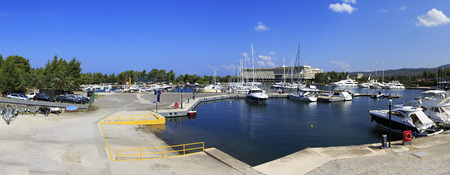 Panorama of boats in private dock. Porto Carras Grand Resort.のeditorial素材