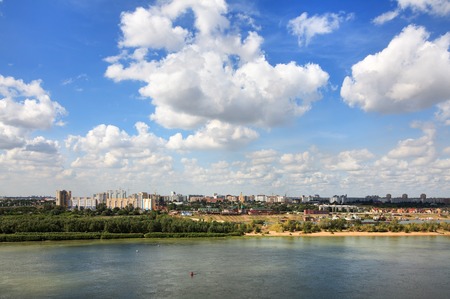 Summer urban landscape with clouds. Omsk. Russia. Left bank of the Irtysh.の写真素材