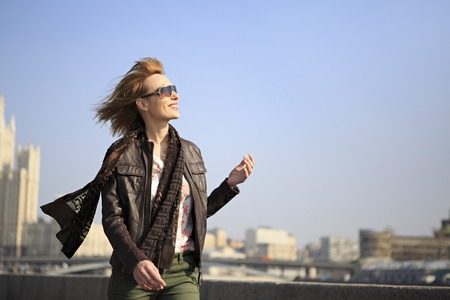 Beautiful girl walking around Moscow in Russiaの写真素材